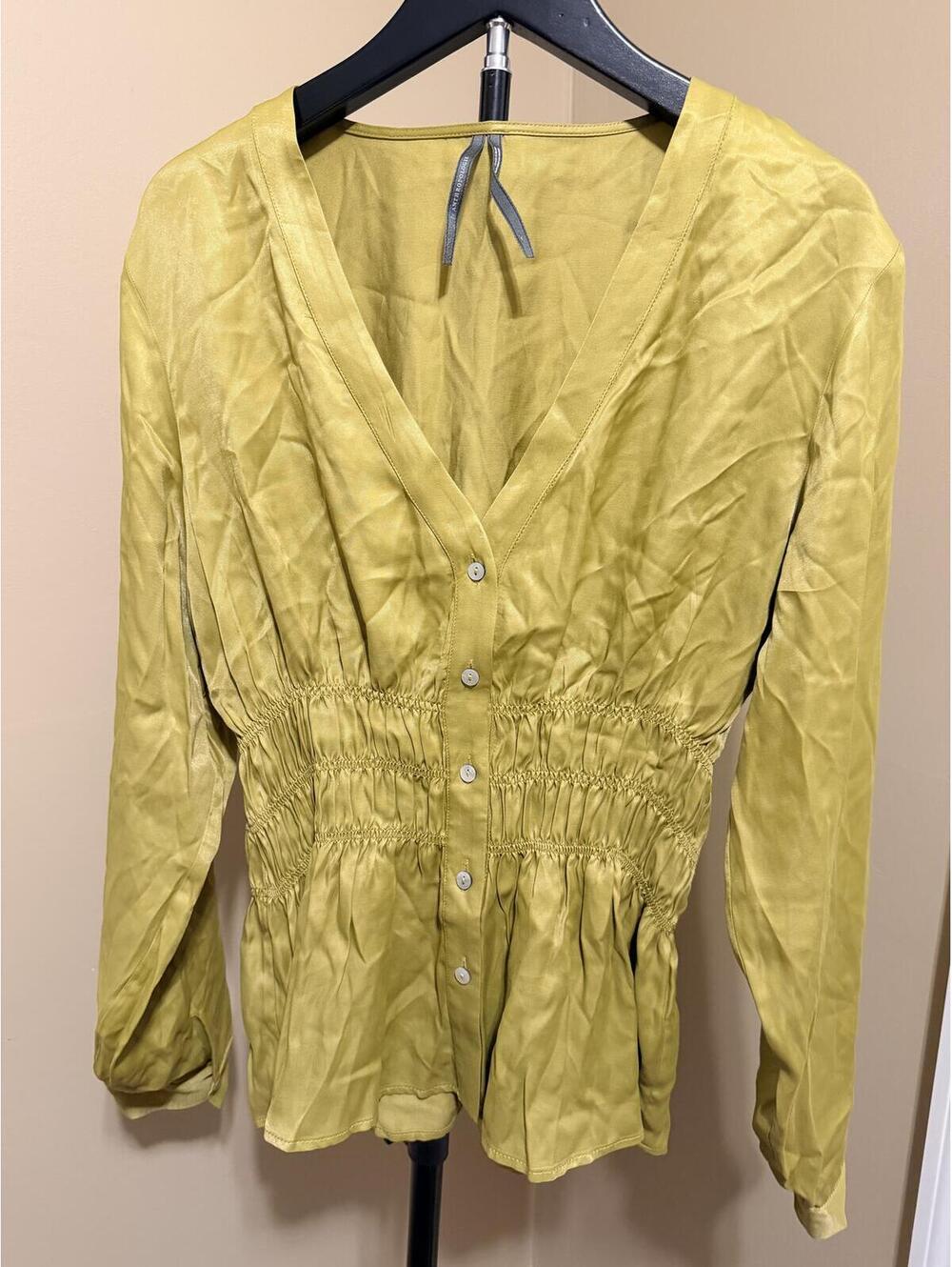 Anthropologie Olive Green Silk Blend Peplum Blouse Women’s S Romantic Boho Top